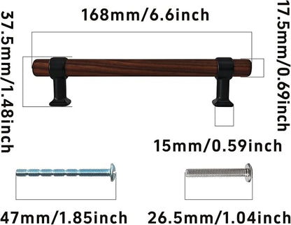 4Pcs 6.6” Walnut Wood Drawer Pulls, 128mm/5 Hole Center, Kitchen Cabinet Hardware Handles, Metal and Wooden Cabinet Knobs, T Bar Knob Pull Handles for Wardrobe, Dresser, Cupboard