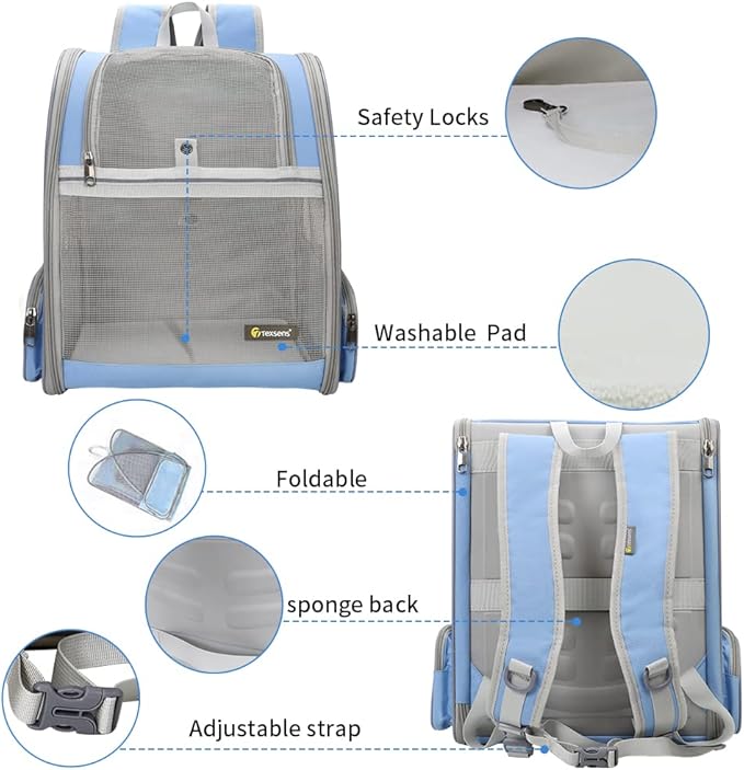 Texsens Pet Backpack Carrier for Small Cats Dogs | Ventilated Design, Safety Straps, Buckle Support, Collapsible | Designed for Travel, Hiking & Outdoor Use (Blue)-Mewly Pet