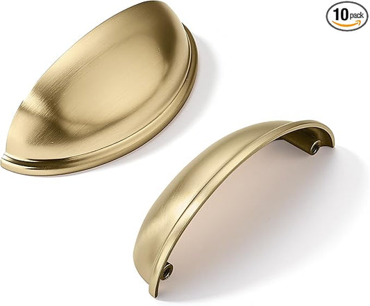 khtumeware 10 Pack 3" Gold Drawer Pulls Brushed Brass Cabinet Cup Pulls Kitchen Hardware Cabinet Handles Drawer Handles Knobs 3 inch Hole Center