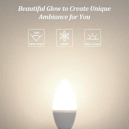 Brightever LED Candelabra Light Bulbs 40W Equivalent, 4W Candle Light Bulbs with Small E12 Base, Neutral White 4000K Ceiling Fan Lightbulbs, Type B Bulb for Wall Sconces, Non-Dimmable, Pack of 6