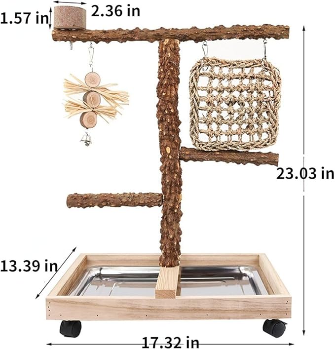 Natural Wood Parrot Stand - Ideal Toy & Accessory for Parakeets, Canaries, Cockatiels, Conure, Lovebirds - Bird Perch Stand with Removable Tray Climbing Net Chewing Toys- Perfect Pet Birds Playstand-Mewly Pet