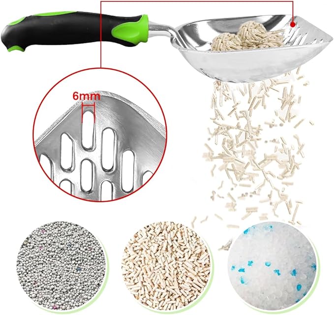 Cat Litter Scoop-Metal Cat Scooper-Long Handle Scoop,Cat Scooper-Poop Sifting-Mesh Shovel-Suitable for Cat Litter Box(Green)-Mewly Pet