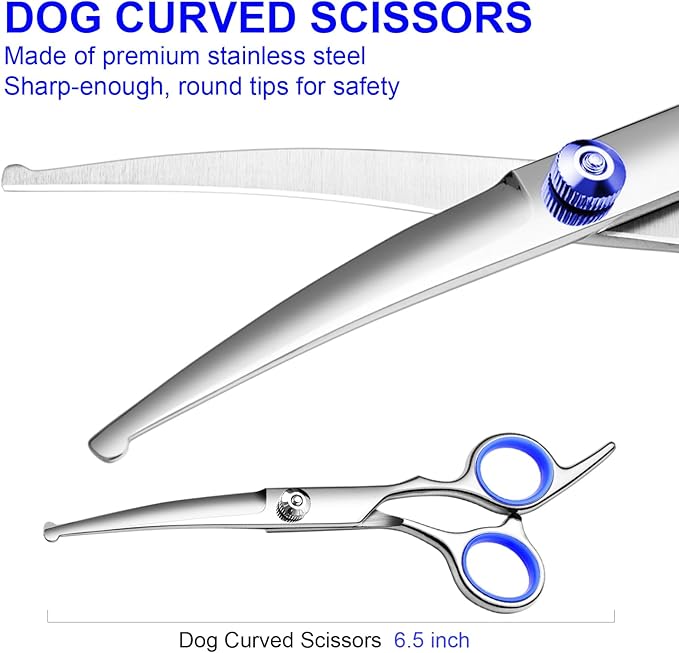 Professional Dog Grooming Scissors Kit, Titanium Coated Dog Scissors for Grooming, Grooming Shears Kit - Straight,Thinning, Curved Scissors and Comb for Dog Cat Pet (Blue 5 in 1)-Mewly Pet