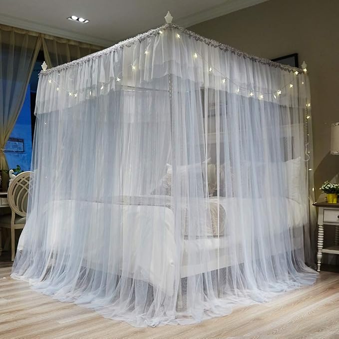 Joyreap Luxury 4 Corners Post Canopy Bed Curtains - Grey & White Cozy Drape Netting - Cute Princess Style Bedroom Decoration Accessories (59" W x 78" L, Full/Queen)