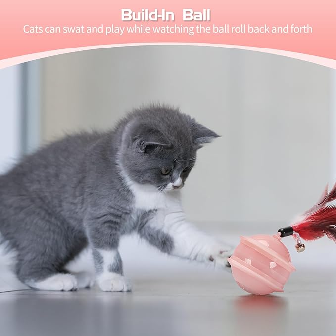 Colurful LED Interactive Cat Feather Toy Ball for Bored Indoor Adult Cats Chase Automatic Moving Ball Rechargeable Self Rolling Automated Tumbler Toy Electric Cat Toy (Pink)-Mewly Pet