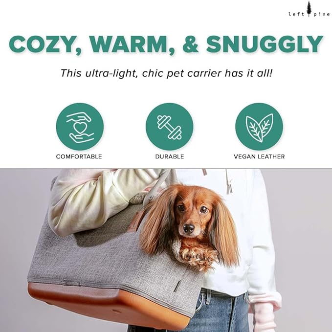 LeftPine x P.L.A.Y. Deluxe Dog Carrier Purse - Soft Sided Pet Travel Tote for Small Dogs & Puppies up to 16 Pounds - Built-in Safety Leash, Machine Washable, Removable Liner, Zipper Pocket (Gray)-Mewly Pet
