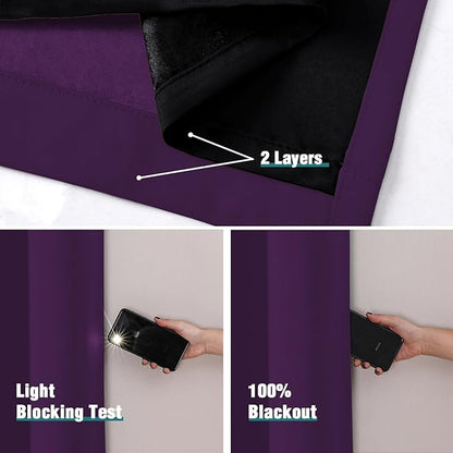 ChrisDowa 100% Blackout Curtains for Bedroom with Black Liner, 2 Thick Layers Total Blackout Thermal Insulated Grommet Window Curtains 2 Panels Set (Royal Purple, 42 x 63 Inch)