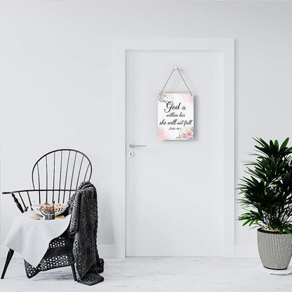 Inspirational Decor God is Within Her She Will Not Fall Psalm 46:5 Christian Gifts for Women Bible Verse Wall Art Scripture Wooden Hanging Sign for Kids Room Bathroom Bedroom Decor 8 x 10 Inches