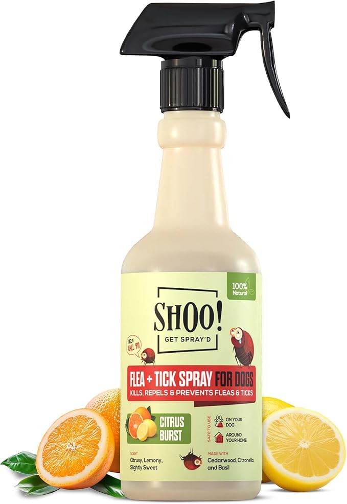 Shoo! Flea & Tick Spray for Dogs and Home | Plant Based, Natural Oils, Chemical Free Formula | Kills, Repels, Prevents | 16 oz (Citrus Burst)-Mewly Pet