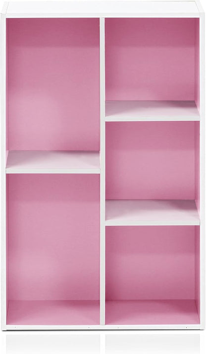 Furinno LUDER Book Shelf, 5-Cube Bookshelf, Reversible Bookcase, 9.4" x 19.5" x 31.5", for Living Room, Bedroom, Home Office, White/Pink