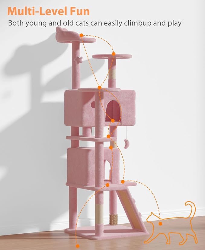 70'' Cat Tree Tower for Indoor Cats Large Adult,Cute/Tall Modern Cat Tree for Big Cats 20 lbs,Plush Multi-Level Cat Condo with Scratching Posts,Dangling Ball for Fun Play(Soft Pink, 70 inch)-Mewly Pet