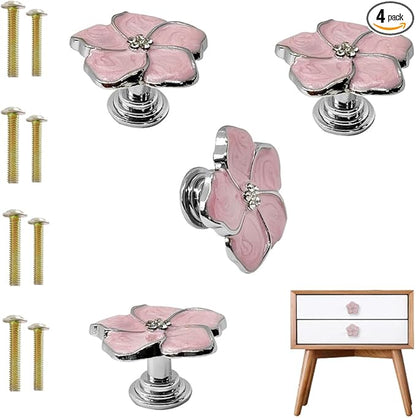 4pcs Petal Handles Zinc Alloy Single Hole Flower Shape Inlaid Rhinestone Drawer Pull Kitchen Handle for Dresser Closet Furniture Handle（Pink Silver）