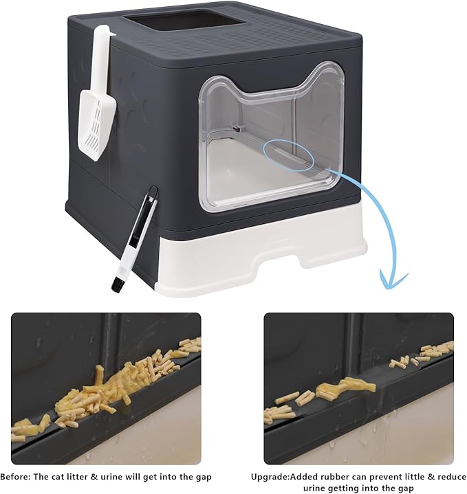 Foldable Cat Litter Box with Lid, Enclosed Potty, Large Top Entry Anti-Splashing Toilet, Easy to Clean Including Litter Scoop and 2-in-1 Cleaning Brush (Black)-Mewly Pet