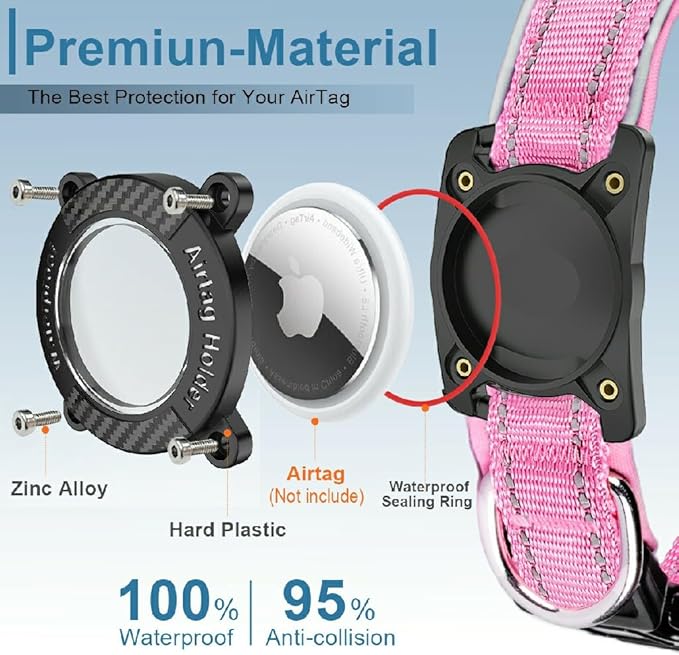 Upgraded AirTag Dog Collar, IP68 Waterproof Dog Collar with Apple Air Tag Holder, Reflective Adjustable Heavy Duty Dog Collars with Soft Padded for Small, Medium and Large Dogs,Pink, S-Mewly Pet