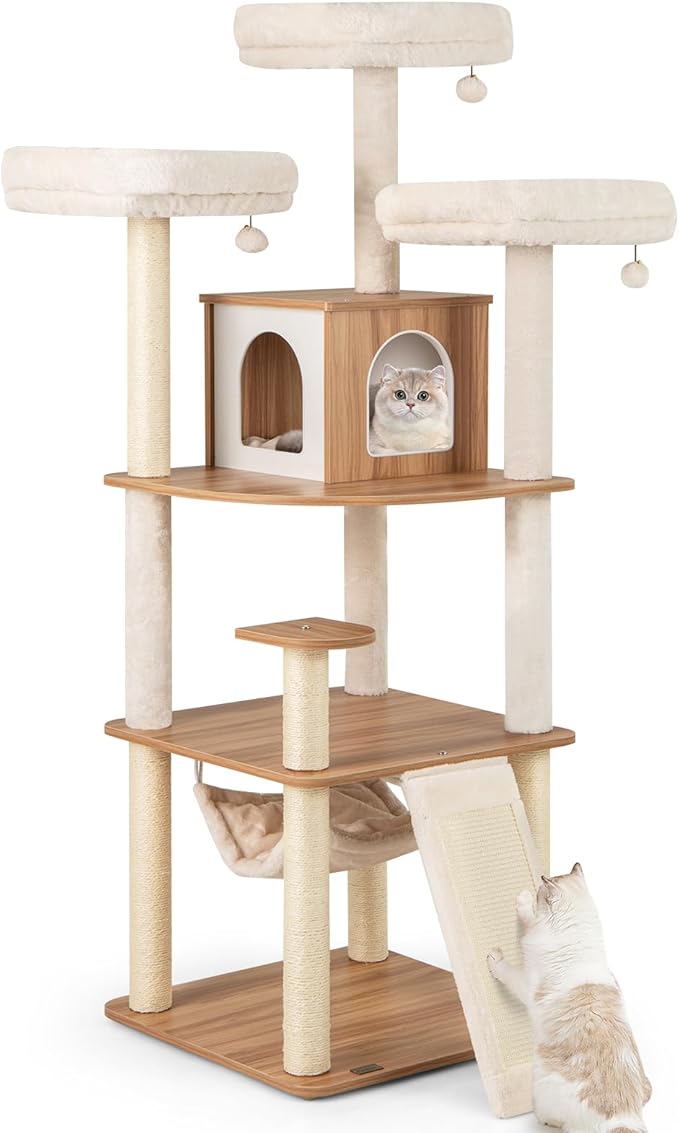 PETSITE 68 Inch Modern Tall Cat Tree for Indoor Cats, Multi-Level Wooden Cat Tree Tower with Sisal Scratching Posts, 3 Top Perches, Cat Condo, Comfy Hammock, Sisal Ramp, and Jingling Balls-Mewly Pet