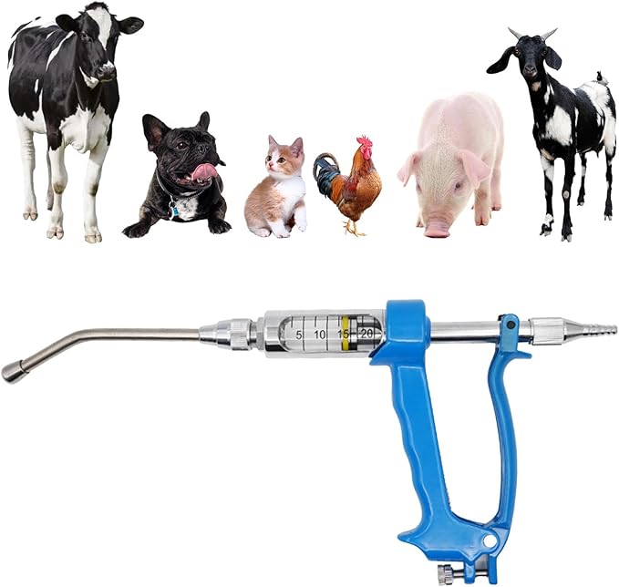 20ML Veterinary Metal Feeding Gun, Continuous Drench Gun Dosing Device Veterinary Adjustable Medicine Dispenser Husbandry Autonomous Feeding Tool, for Pig Cow, Sheep, Horse (Blue, 20ML No Bottle)-Mewly Pet