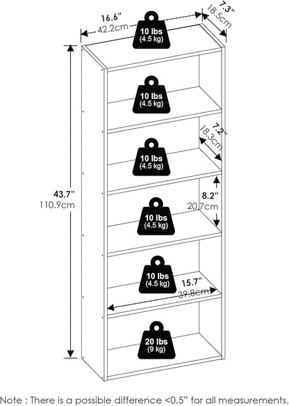 Furinno Basic Book Shelf, 5-Tier Bookshelf, Cube Storage Organizer Bookcase with Open Shelf, 7 x 17 x 44, for Living Room, Bedroom, Home Office, Espresso