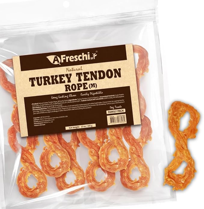 Afreschi Natural Turkey Tendon Rope (M) 10 oz Rope, USA-Sourced Turkey Tendon, All Natural Puppy Chew, Hypoallergenic, Rawhide Alternative, for Medium Breeds-Mewly Pet