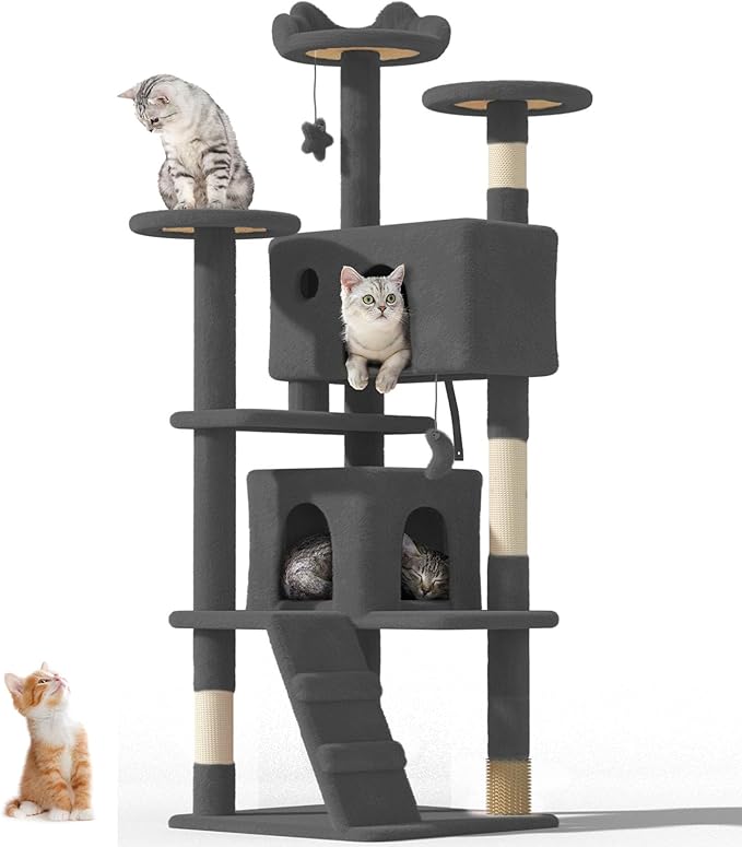 60" Cat Tree Tower for Indoor Cats Large Adult,Cute/Tall Modern Cat Tree for Big Cats 20 lbs, Plush Multi-Level Cat Condo with Scratching Posts,Dangling Ball (Smoky Gray, 60 inch)-Mewly Pet