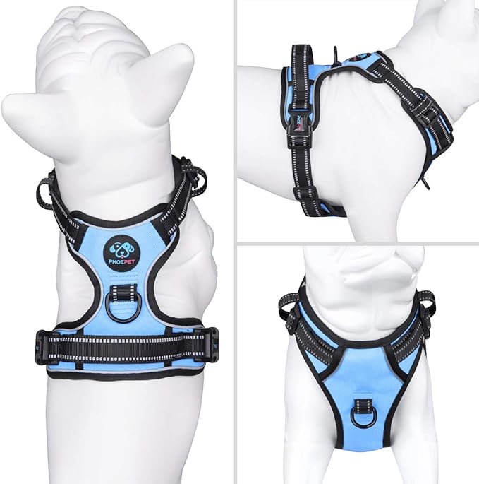 PHOEPET No Pull Dog Harness Reflective Adjustable with 2 Metal Leash Hooks and Soft Training Handle [Over The Head Design](L, Baby Blue)-Mewly Pet