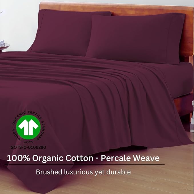 LANE LINEN 100% Organic Cotton Sheets Queen Size, Classic Percale Weave Fully Elasticized Breathable Queen Cotton Sheet Set, Machine Washable Soft & Comfy Queen Sheet Set - Windsor Wine