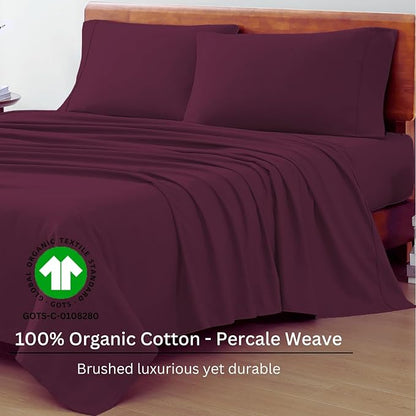 LANE LINEN 100% Organic Cotton Sheets Queen Size, Classic Percale Weave Fully Elasticized Breathable Queen Cotton Sheet Set, Machine Washable Soft & Comfy Queen Sheet Set - Windsor Wine