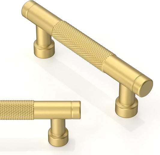 10 Pack Brushed Gold Knurled Cabinet Pulls 3 Inch(76mm) Kitchen Cabinet Handles Solid Zinc Alloy Cabinet Hardware Drawer Pulls