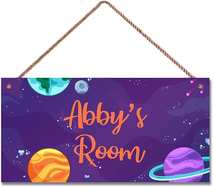 Personalized Outer Space Sign Universe Theme Art Décor For Kids Room Custom Name Door Wall Decor, Stars Floral Nursery Art Plate For Girls Room Boys Bedroom