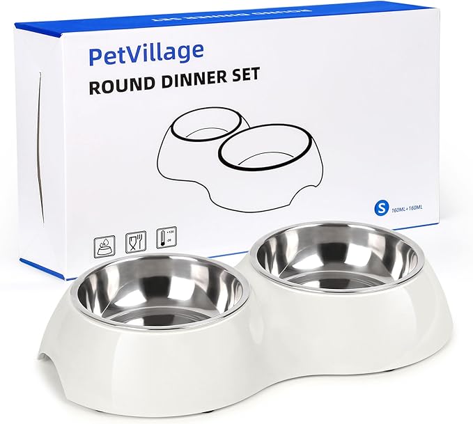 Stainless Steel Dog Bowls Set – Dual Non-Slip Pet Dishes with 2 Small (4oz*2) Bowls & Durable Resin Stand,Food & Water Feeder for Puppies, Kittens, and Small Breed Dogs– White-Mewly Pet