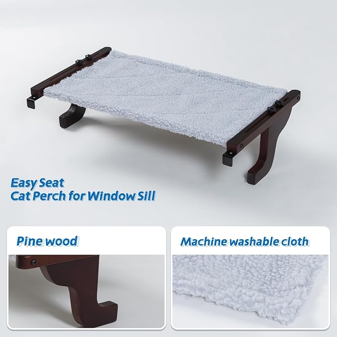 Easy Seat Cat Perch for Window Sill - Hammock Design w/Premium Wood & Robust Metal Frame - Cat Window Seat for Large Cats and Kittens (Dark Stained Wood w/Gray Bed, Medium (23''W x 14''D))-Mewly Pet