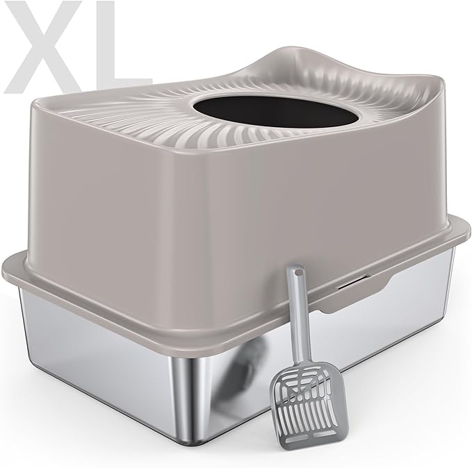 Stainless Steel Cat Litter Box, XL Top Entry Litter Box for Big Cats, Enclosed Large Cat Box with High Wall, Metal Cat Litter Pan Never Absorbs Odors, Easily Cleaning, Include Scoop-Mewly Pet
