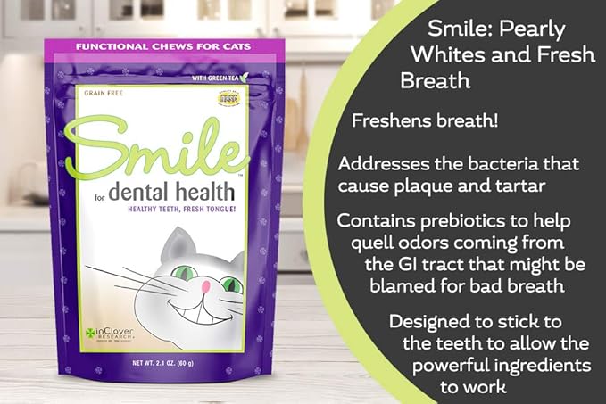 Smile Daily Dental Health Soft Chews for Cats, Support Healthy Teeth and Fresh Tongue with Catnip and Green Tea, Prebiotics, and Chlorophyll for Fresh Breath, 10.5 oz-Mewly Pet