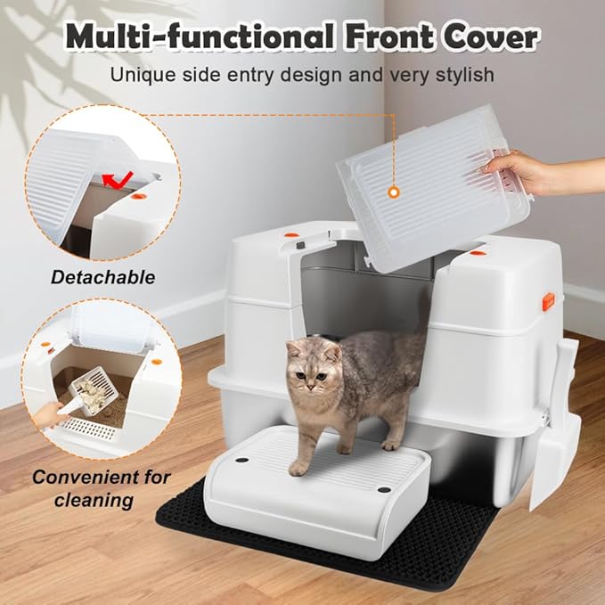 Vivifying Stainless Steel Litter Box with Lid, XL Side Entry Extra Large Litter Box for Big Cats & Kitty, Removable Enclosed Metal Cat Pan with High Sided Enclosure, Scoop, Mat, Footboard (Beige)-Mewly Pet