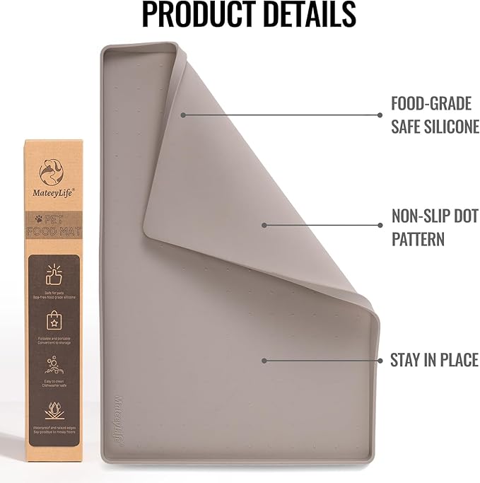 MateeyLife Dog & Cat Food Water Mat for Floors Waterproof, Nonslip Pets Bowl Feeding Mats with Raised Edges, Silicone Matt Tray for Messy Drinkers, 24"x16", Taupe-Mewly Pet