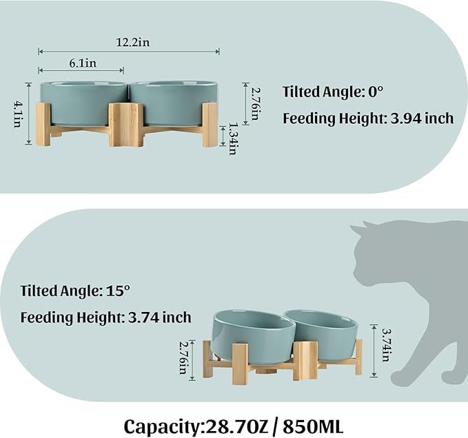 SPUNKYJUNKY 15° Slanted Ceramic Dog and Cat Bowl with Wooden Stand, Tilted Bulldog Food and Water Bowl No Slip Non-Spill for Cats Medium Dogs Big Face Pets 28.7 OZ (3.6 Cups, Light Green × 2)-Mewly Pet