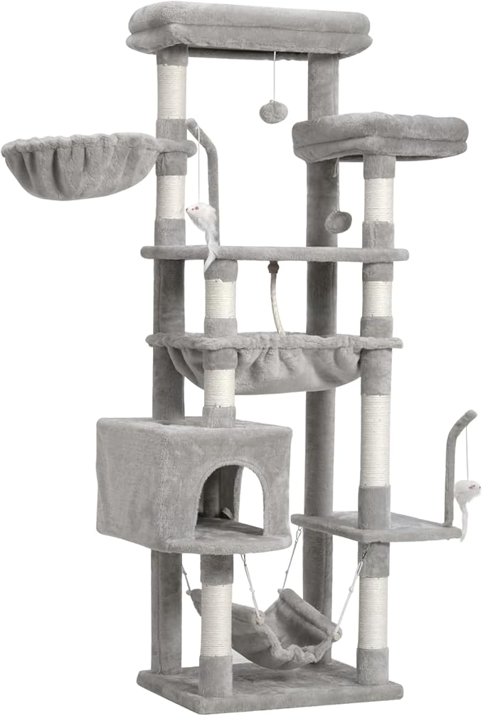 Cat Tree, Cat Tower for Large Cats with 2 Big Platforms, 2 Baskets, condo and Toys, 63" Cat Scratching Posts for Indoor Cats, Light Gray GCT020W-Mewly Pet