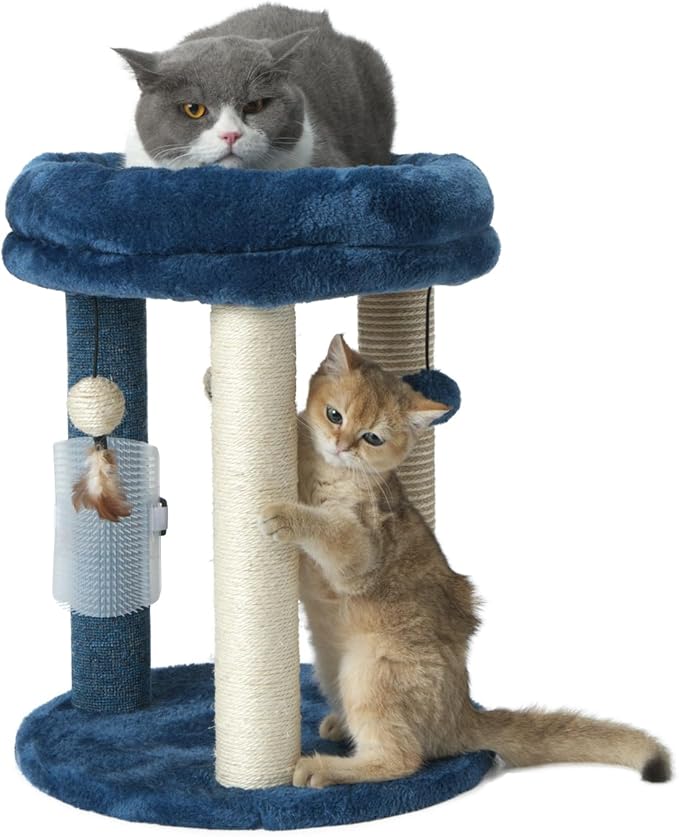 MECOOL Cat Scratching Post Tree with Tower Soft Bed.Natural Quality Sisal Carpet Jute Scratch Posts with Three Hanging Ball Toys and Massage Brush for Indoor Cats and Kittens Blue-Mewly Pet