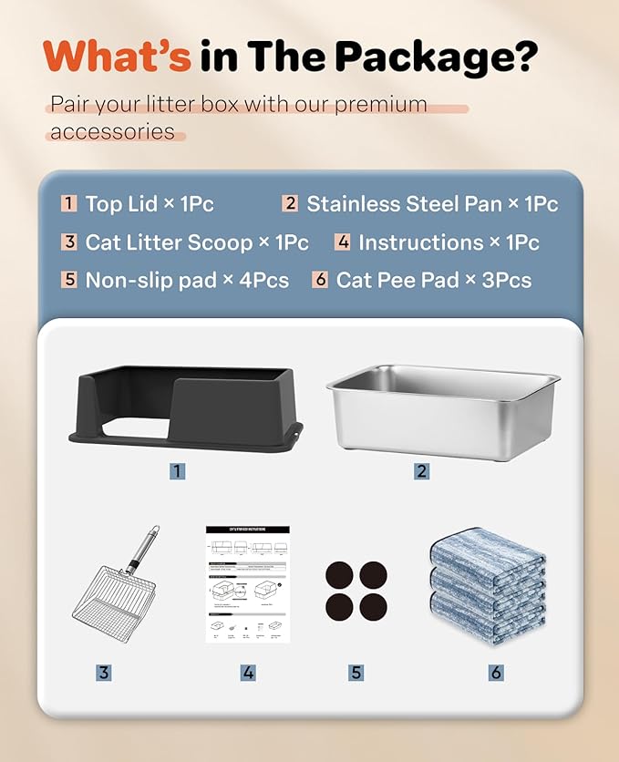 Stainless Steel Litter Box with Lid, 23.5" L x 15.8" W x 12.6" H, XL Metal Cat Box for Big Cats, High Sided Kitty Litter Box with Scoop & Pee Pads, Non-Sticky, Anti-Leakage, Easy to Clean (Black)-Mewly Pet