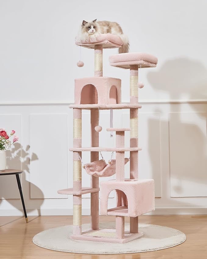 Taoqimiao Cat Tree, 68-Inch Cat Tree Cat Tower for Indoor Cats, Plush Multi-Level Cat Condo with 6 Scratching Posts, 2 Perches, 2 Caves,Hammock, 3 Pompoms,MS020SP Jelly Pink-Mewly Pet