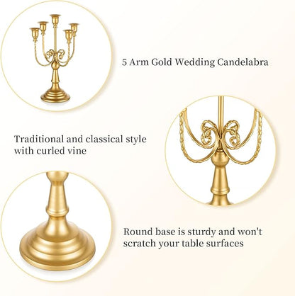 Romadedi Candelabra Gold Candle Holders - 5 Arm 11.8" Wedding Candlestick Holder for Theme Party Table Centrepiece Decor Dining Room Birthday Holiday Christmas