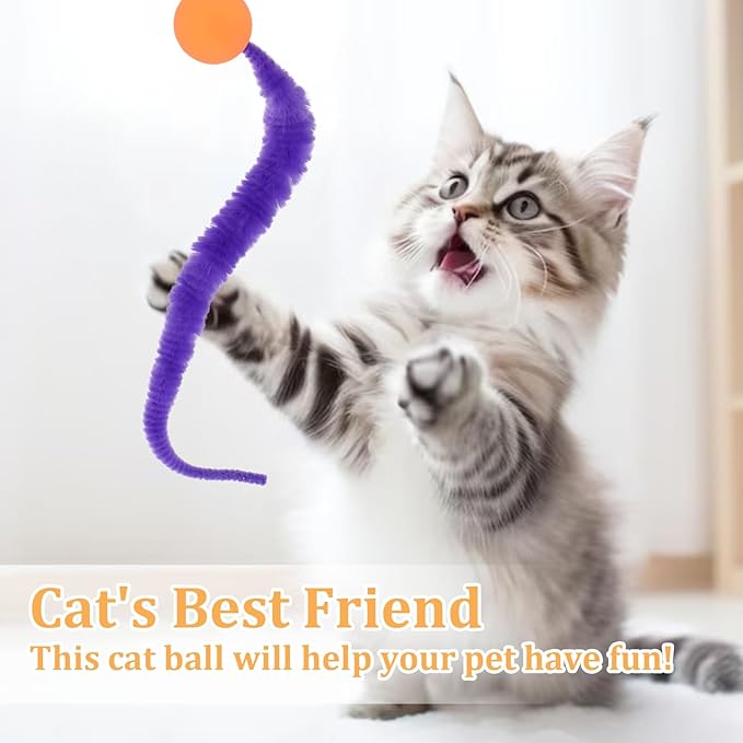 6 Pcs Bouncy Ball for Cats, Colorful Fuzzy Bouncy Cat Worm Toy Ball Fuzzy Worms (Balls Colors are Random)-Mewly Pet