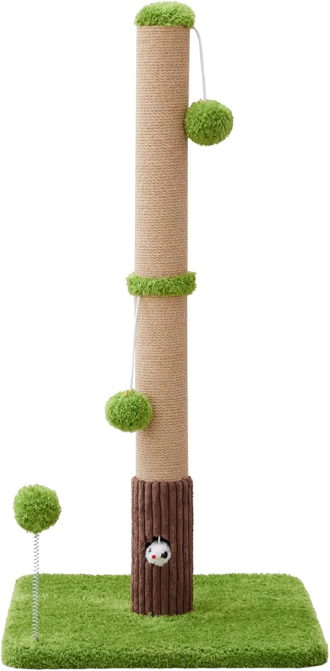 33" Tall Cat Scratching Post for Indoor Cats, Premium Sisal Scratch Posts with Cat Toys and Fun Mouse Holer for Cats at All Ages, Scratcher Tree with Reinforced Stable Base (Green)-Mewly Pet