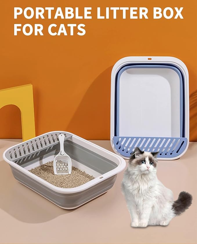 BNOSDM Collapsible Small Cat Litter Box for Kittens Open Potty Pan Foldable Cat Toilet with Scoop Senior Kitty Travel Shallow Litters Boxes Anti-Splash Waterproof Blue 17.7"×13.4"-Mewly Pet