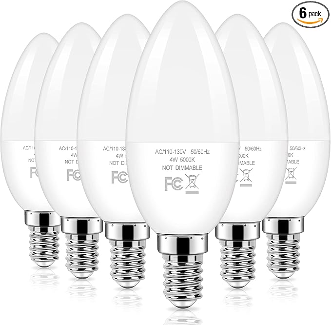 Brightever Candelabra 40W Equivalent LED Light Bulbs, 4W Candle Light Bulbs with Small E12 Base, Daylight White 5000K Ceiling Fan Lightbulbs, Type B Bulb for Wall Sconces, Non-Dimmable, Pack of 6