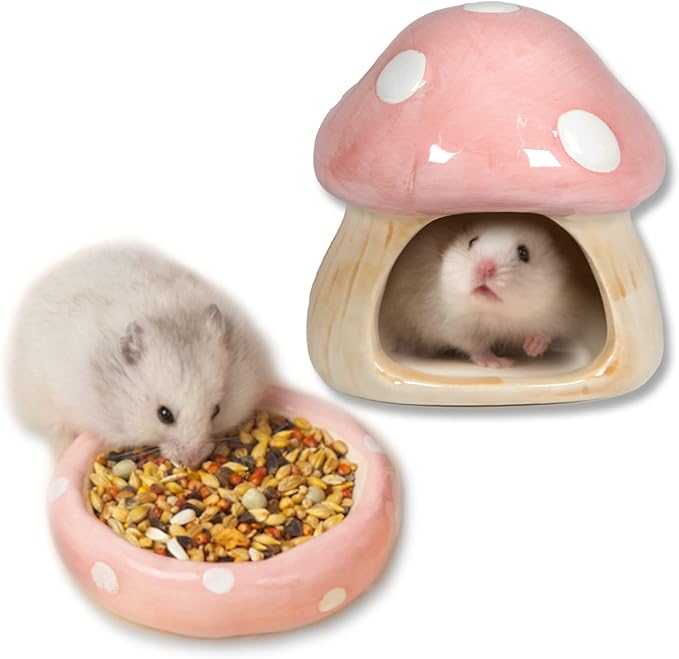 Ceramic Mushroom Guinea Pig House Hamster Hide Bed Includes Hamsters Food Bowl Guinea Pig Hideout for Hamster Chinchilla Hedgehog Rat Small Animals(Pink Mushroom Set)-Mewly Pet