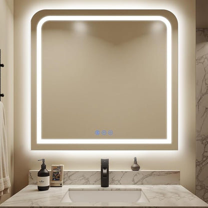 LED Bathroom Mirror, 36"x 36" LED Mirror with Lights for Bathroom, Lighted Vanity Mirrors for Wall, Anti-Fog, Dimmable, Tempered Glass, Memory Function, 3 Colors, Safe Use (White)