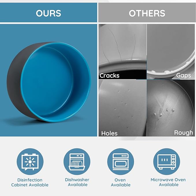 SPUNKYJUNKY Ceramic Dog and Cat Bowl Set with Wooden Stand, Modern Cute Weighted Food Water Set for Small Size Dogs (13.5OZ) & Medium Sized Dogs (28.7OZ) & Cats (1.7 Cups, 2 × Blue-Grey)-Mewly Pet