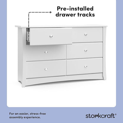 Storkcraft Crescent 6-Drawer Dresser (White) – GREENGUARD Gold Certified, White Dresser for Bedroom, Kids & Nursery Storage Chest, Safety Interlocking Drawers, Pre-Installed Tracks, Kids Chest
