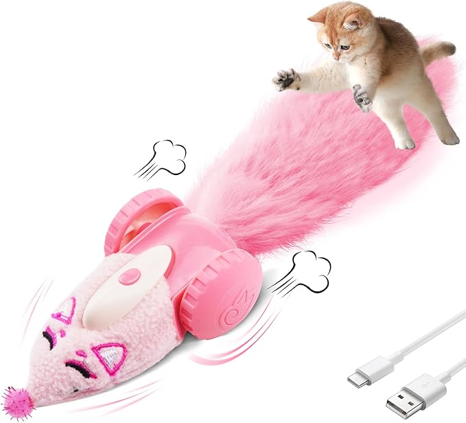 Migipaws Automatic Cat Toys, Plush Cat Mouse Toy, Interactive Toy for Indoor Cats, Smart Moving Kitten Toy, Rechargeable (Pink)-Mewly Pet