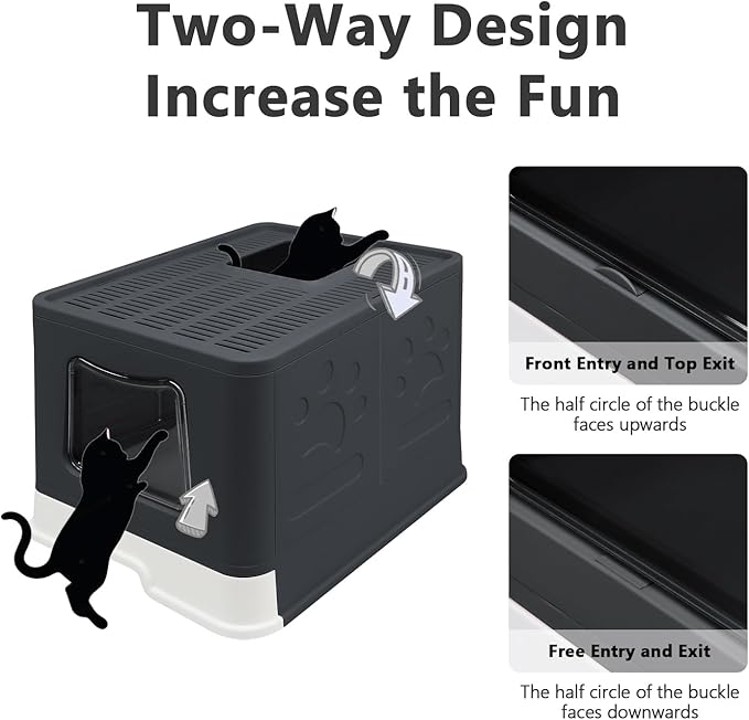 XL Foldable Cat Litter Box with Lid - Jumbo Enclosed Potty - Top Entry Anti-Splashing Toilet - Includes Scoop & 2-in-1 Cleaning Brush (Black)-Mewly Pet